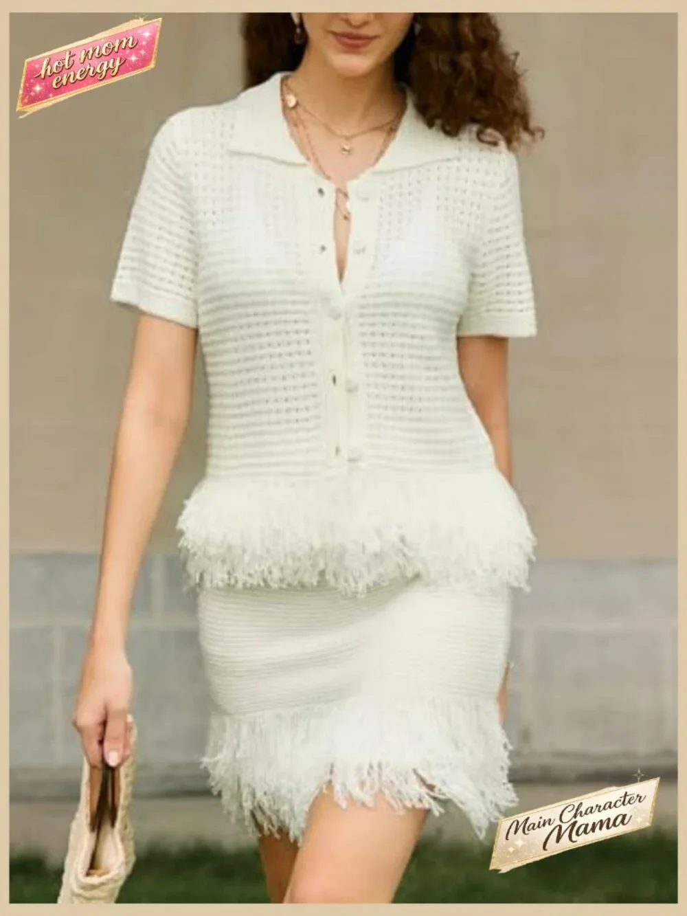 Crochet Button Sweater Fringe Skirt Set Summer Vacation Beach Cover Up - Picture 3 of 7